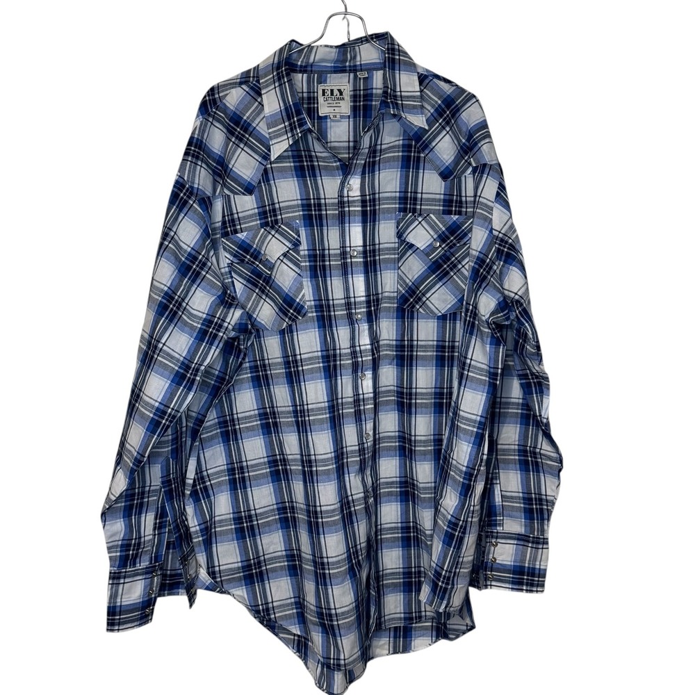 Ely Cattleman Mens Shirt Plaid Pearl Snap Western Button-Up Long Sleeve Blue XXL